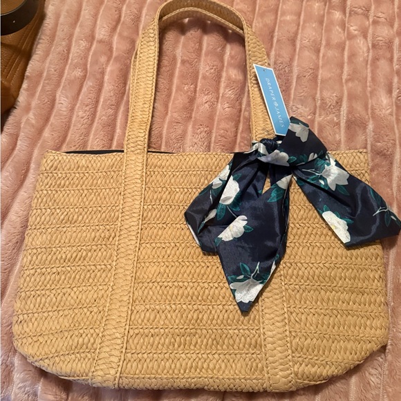 Draper James Handbags - Draper James Tan Woven Tote with Navy Floral Scarf